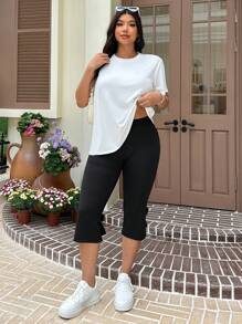 SHEIN EZwear Plus Size Women's Black 7/8 Length Casual Pants With Bow Decor