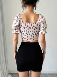 Chiquease Rose Floral Print Puff Sleeve Tie-Front Casual Minimalist Vacation Style Blouse For Women, Spring/Summer - Multicolor - View 2
