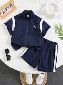 SHEIN X JIMENA & MATEO 2pcs Young Boy Casual Daily Versatile Loose Comfortable Contrast Color Short Sleeve Jacket & Shorts Set, Sports Suit