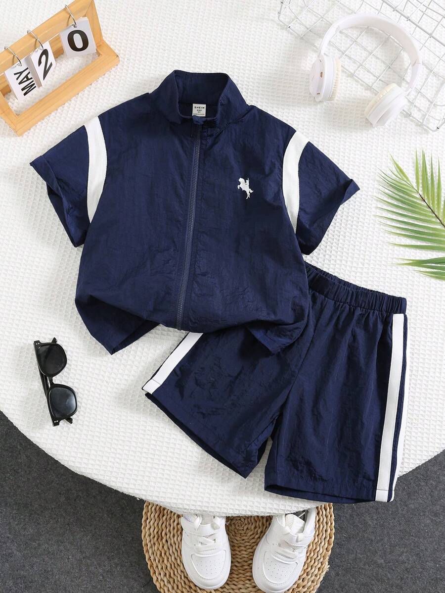 SHEIN X JIMENA & MATEO 2pcs Young Boy Casual Daily Versatile Loose Comfortable Contrast Color Short Sleeve Jacket & Shorts Set, Sports Suit