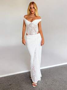 Aloruh Body elegante y sexy con hombros descubiertos y espalda descubierta con encaje, atuendo para conciertos, vacaciones y primavera para mujer - Blanco - Ver 4