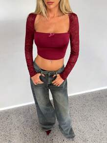 Aloruh Women's Spring Tops Elegant Fashion Business Commuting Casual Street Daily Wear Solid Color Knitted T-Shirt Simple Basic Style Wine Red T-Shirt Angora Red Lace Stitching Tops Translucent Long Sleeves Square Neck T-Shirts Going Out Tops,Business Casual Woman ,Modest,Office Outfits For Women,Work Tops