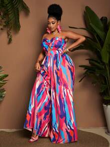 Maweii Plus Size Colorful Print Twisted Ruched High Waist Wide Leg Jumpsuits