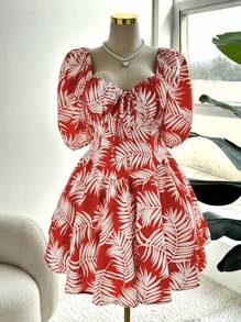 Flirla Plus Size Plant Print Lantern Sleeve Casual Vacation Dress - Multicolor - View 3
