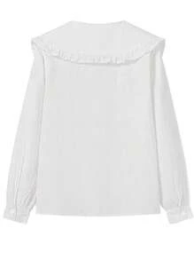 Plus Size Women's Solid Color Turndown Collar Tie-Front Lantern Sleeve Ruffle Hem Blouse, Spring/Summer Fall Cloth For Women - White - View 2