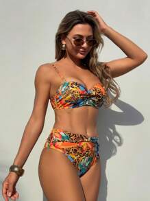 SHEIN Women Summer Floral & Animal Print Spaghetti Strap Top And High Waist Bikini Swimwear 2 Pieces Set Beachwear Outfits - Multicolor - View 4