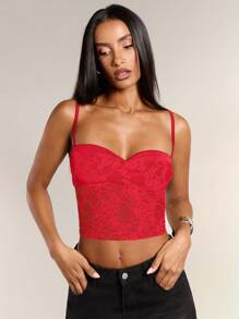 SHEIN BAE White & Black Contrast Color Floral Trim Short Spaghetti Strap Crop Top, Versatile Daily Wear - Red - View 5
