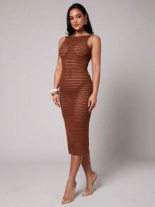 Silquee Women's Chic Coffee Brown Crochet Midi Dress,Autumn Vacation Holiday Hollow Out Wave Lace Open Back Spaghetti Strap Fitted Bikini Cover Up - Ginger - View 4