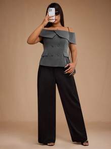 Forever 21 Plus Size Women Fairy Off Shoulder Lapel Blouse, Simple Commuting Office Wear, Spring - Grey - View 6