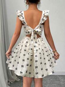 Elenzga Women Bow Print Ruffle Trim Short Dress Suitable For Summer - Apricot - View 1