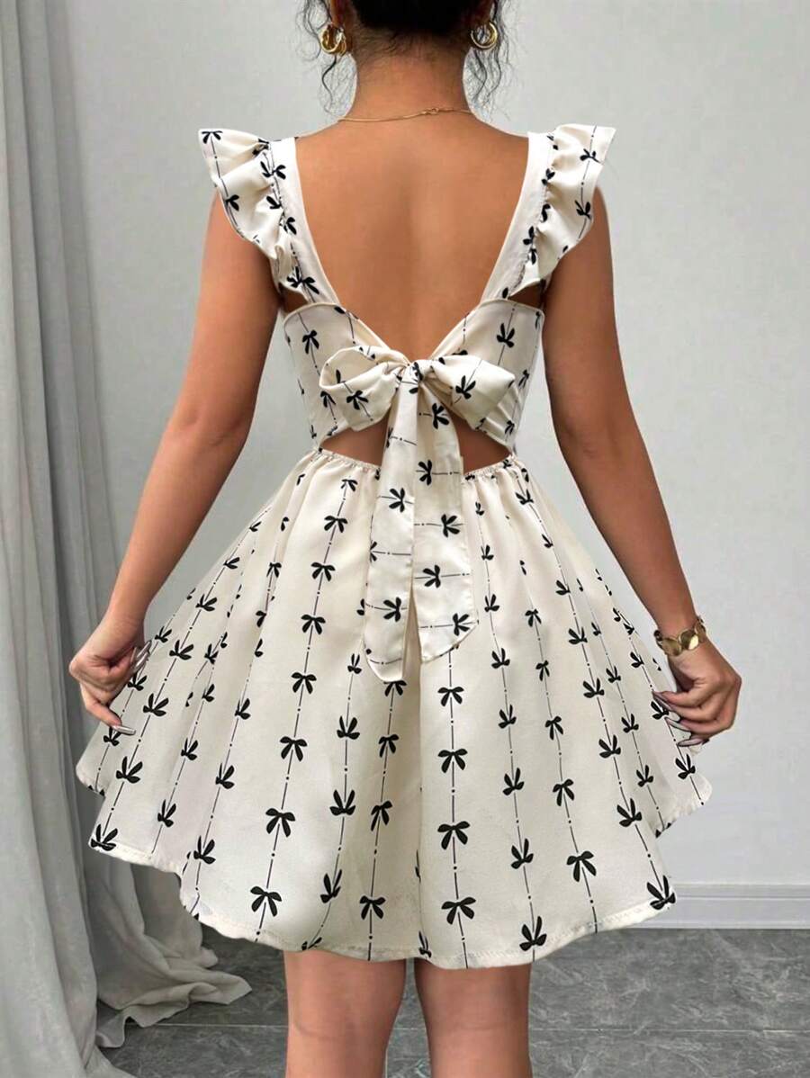 Elenzga Women Bow Print Ruffle Trim Short Dress Suitable For Summer - Apricot - View 1