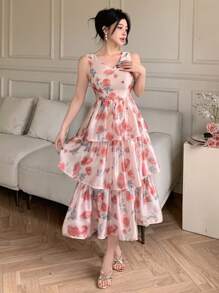 DAZY Vestido midi con cuello en V floral y sin mangas, con volantes, para mujer