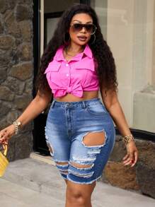 SHEIN SXY Plus Size Denim Shorts, Casual And Fashionable, Suitable For Summer - Blue - View 5