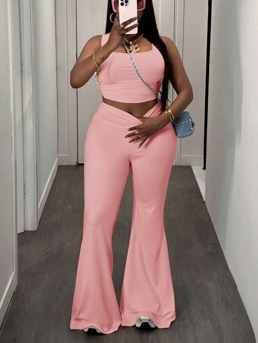Slaydiva Plus Size Women's Casual Basic Sports 2 Pieces Set - Sleeveless Crop Top And High Waist Flare Pants, Apricot Color, Spring/Summer - Pink - View 1