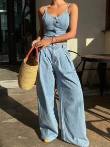 Livesso 女式牛仔吊带背心和阔腿裤两件套 - 淺色水洗藍 - 查看 8