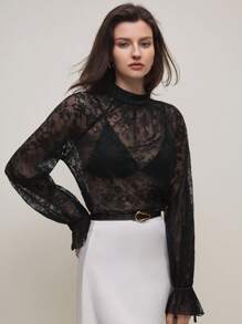 BizChic 女士黑色优雅蕾丝立领长袖衬衫，适合约会或休闲穿着，春夏季 - 黑色 - 查看 3