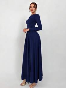 Aloruh 咖啡色基本款针织毛衣连衣裙 - 藏蓝色 - 查看 4