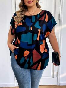 SHEIN CURVE+ Camisa casual de manga murciélago con estampado geométrico para mujer de talla grande