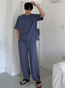 DAZY 1 Set Men's Summer Solid Gray T-Shirt And Pants Matching Pajama Set, Fall Winter Clothes - Blue - View 7