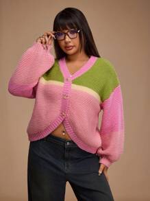 Forever 21 大码女式冬季条纹短款长袖休闲针织开衫，长袖上衣新年女式短款上衣，Y2k 服装新款彩色拼布休闲宽松针织开衫 - 彩色 - 查看 4