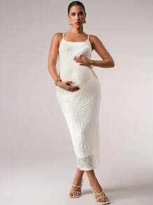 MaterniChic Elegant Solid Color Jacquard Slim Fit Maternity Slip Dress Baby Shower Summer Outfits - White - View 3