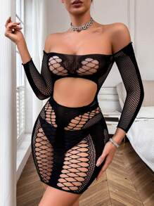 Spicy Aura 1pc Women Off-The-Shoulder Hollow Out Bodycon Mini Sexy Lingerie Dress - Black - View 4