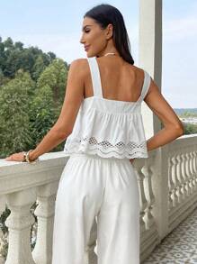 SHEIN VCAY Damen Frühling Sommer Boho Top Weißes Leinen Trägertop Casual Urlaub Einfarbig Gewebter Ausschnitt Schnürung Trägertop Damen Tops Sommer Casual Tops Rave Top Ausgehen Urlaub Top Sommer Top Strandmode Sommer Top für Damen Sommer Top Strand für Frau Sommer Top Rave Festival Urlaub - Weiss - Übersicht 3