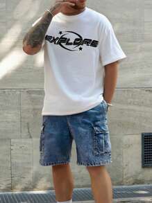 SHEIN Tween Boys' Fashionable Casual Washed Denim Shorts With Tool Pockets - Blue - View 3