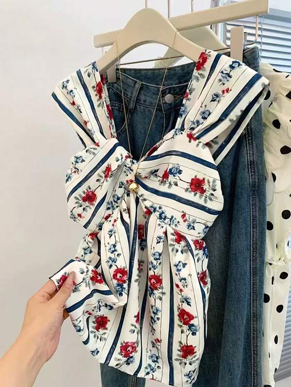 SHEIN Bubbli เสื้อกล้ามรัดสายปมสำหรับผู้หญิง เสื้อกล้ามเรโทรสไตล์ฝรั่งเศส สำหรับฤดูใบไม้ผลิและฤดูร้อน