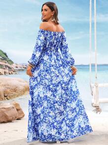 SHEIN VCAY Plus Size Floral Print Off Shoulder Casual Vacation Long Sleeve Dress - Blue and White - View 2