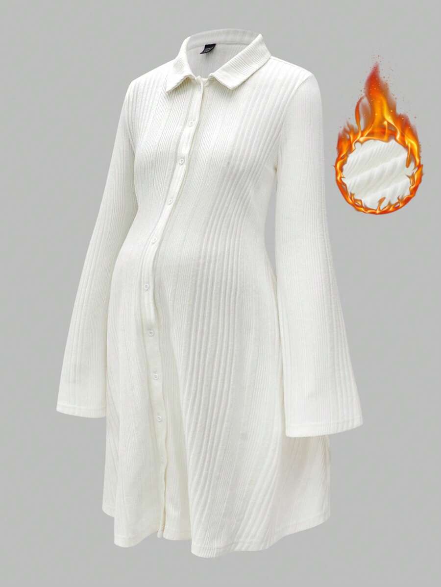 SHEIN Váy bầu dệt kim màu trắng thường ngày thu đông có tay chuông, trang phục thanh lịch cho phụ nữ mùa thu - trắng - Xem 1