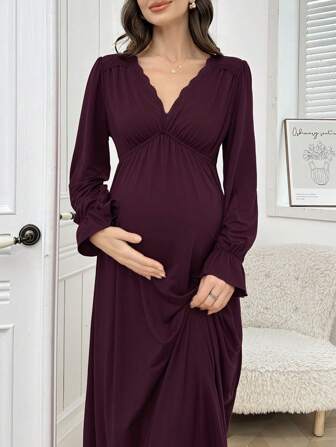 Moonlight & Mama 蕾丝拼接V领抽绳孕妇长袖睡裙，舒适优雅细节，秋冬款