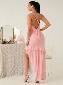 Enchnt 这款浪漫粉色3D立体花朵装饰荷叶边高开衩露背长裙，是春夏的完美之选。它甜美、优雅又性感，适合生日派对、节日聚会、浪漫约会、度假、毕业季、夏季女装、童话风、宴会、婚礼宾客礼服、新娘送礼会白色礼服、演唱会礼服、嘉年华等各种场合。 - 粉色 - 查看 7