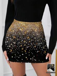 SHEIN Clasi Gold Glitter Print Thicker Midi Skirt For Women, Suitable For Christmas, Autumn/Winter
