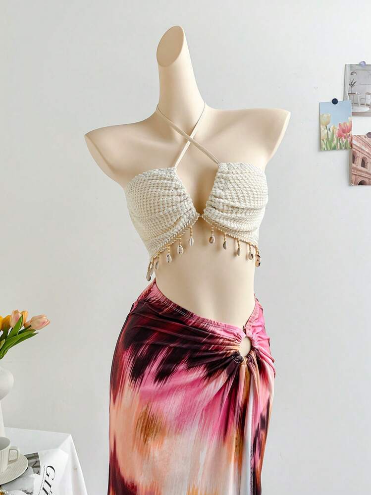 Soleia Top à col ras-du-cou, lien devant et décoration coquillages et franges pour vacances - Nude - Voir 4