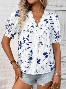 SHEIN LUNE Women Casual Floral Print Ruffle Trim Short Sleeve Blouse