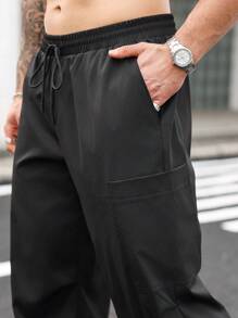 Manfinity Homme Men's Straight Leg Casual Pants With Drawstring Waist, Suitable For Spring/Summer - Black - View 5