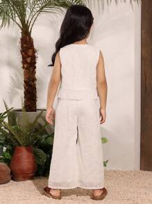 SHEIN 2pcs Set: Young Girl Embroidered Ruffle Hem Sleeveless Top And Pants - White - View 2