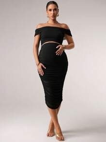 MaterniChic 2pcs/Set Maternity Off Shoulder Crop Top & Ruched Skirt Set Baby Shower Summer Outfits - Black - View 3