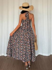 Breezaya Vestido largo con estampado floral, silueta en línea A, cuello en V, cintura ceñida, bajo acampanado, cremallera oculta en la espalda, para primavera/verano