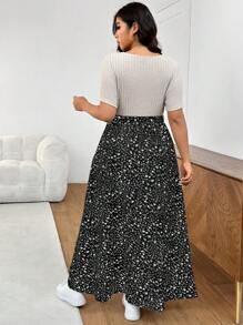 SHEIN Frenchy 大码夏季休闲拼色碎花拼布开衩连衣裙 - 黑色 - 查看 2