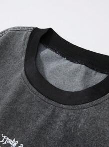 ROMWE MEN Street Life Men's Prep Letter Print Loose Fit Round Neck Short Sleeve Denim Top - Black - View 7