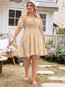 SHEIN VCAY Plus Size Off-Shoulder Short Sleeve Mini Ditsy Floral Dress Summer Wedding Guest Dress Women Dresses For Women Elegant Birthday Dresses For Women Sundress Backless Dress Floral Off The Shoulder Vacation Outfits Woman Beach Spring Boho Rave Outfits Cottagecore Brunch Outfits For Women Fairycore Old Money Tropical Vacation Woman Clothes Tropical Casual Elegant - Multicolor - View 6