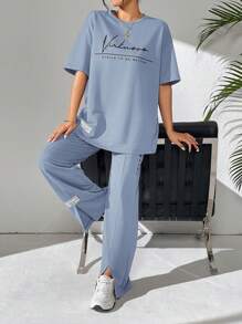 Mulvari 女式夏季标语印花落肩 T 恤和休闲裤 2 件套，休闲装运动服 2 件套休闲套装，适合散步/运动/返校和日常休闲装 2 件套 - 藍色 - 查看 6