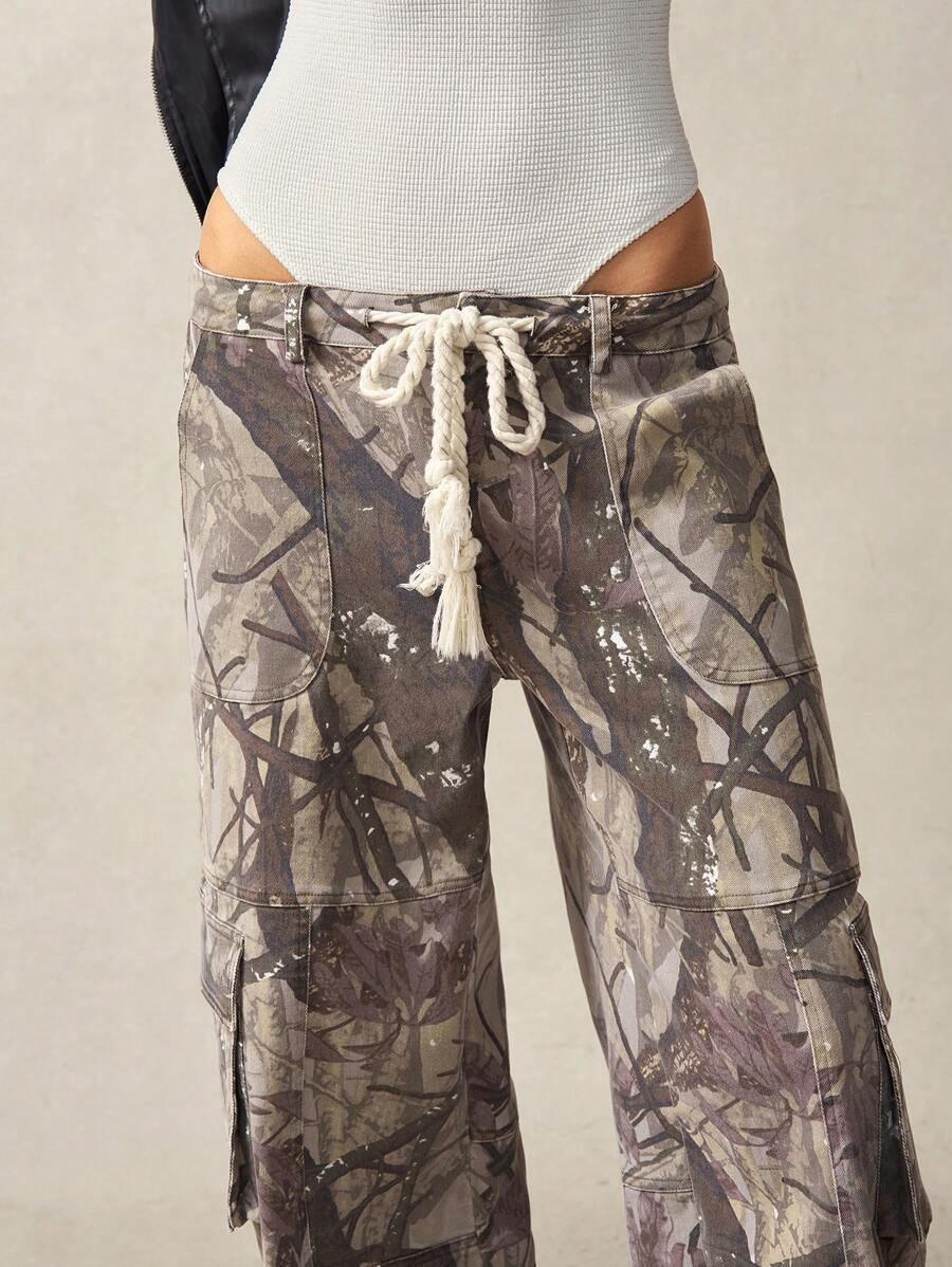 Bohemela Boho Women's Low-Waisted Relaxed Fit Washed Tree Branch Printed Cargo Pants - Grey - View 1