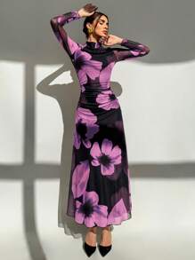 Aloruh 全新红色扎染花卉印花网眼长袖修身派对礼服，适合节日季 - 彩色 - 查看 3