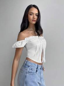 Aloruh Women's White Elegant Summer Vacation Holiday Off Shoulder Short Sleeve Blouse,Minimalist Fashionable Spring Crop Top Business Casual Y2k - White - View 5