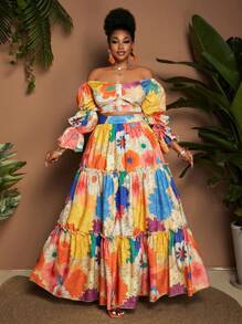 Bộ 2 món áo trễ vai in hoa cỡ lớn và chân váy maxi, trang phục thường ngày khi đi nghỉ - Nhiều màu - Xem 3