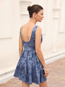 Aveloria French Style Wide Strap Denim Effect Embroidered Waisted Short Flare Hem Tea-Length Dress For Women Baby Blue  Baby Blue For Summer - Blue - View 2