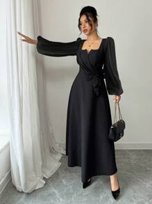 Modelyn Vestido ajustado de línea A con manga larga, efecto patchwork y jacquard para mujer - Negro - Ver 3